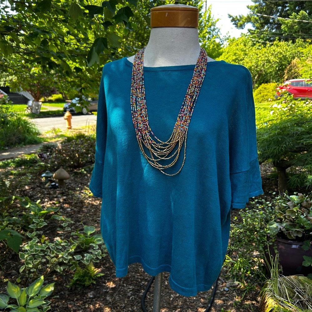 Teal knitted linen Eileen Fisher summer short sleeve sweater